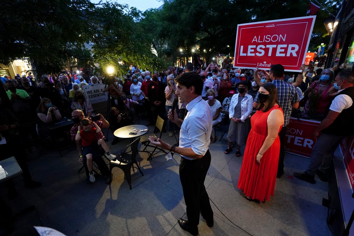 Liberal Leader Justin Trudeau makes a campaign stop in Cobourg, Ont., on Monday, Aug 16, 2021. He's joined by Liberal candidate Alison Lester for Northumberland-Peterborough South, Alison Lester, right. 