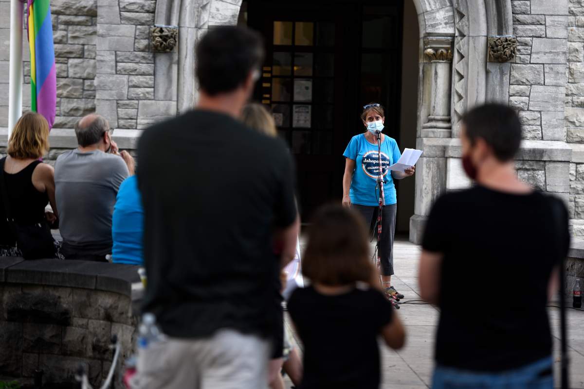 Dr. Nili Kaplan-Myrth, an Ottawa family doctor who hosted several pop-up COVID-19 vaccination clinics, speaks during SafetyPalooza, a rally calling on Ontario to adopt a provincial COVID-19 vaccine mandate, in Ottawa, on Sunday, Aug. 22, 2021. 