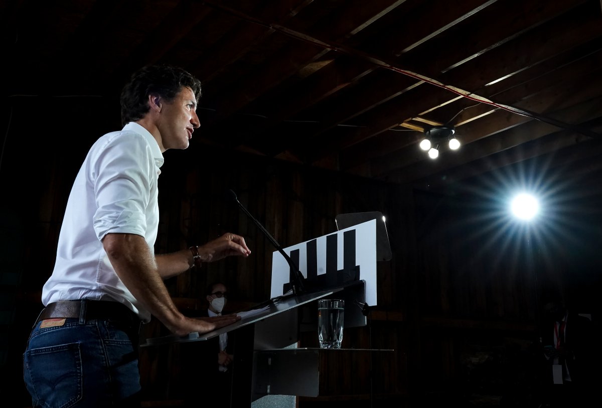 Liberal Leader Justin Trudeau announces a fresh water action plan during the Canadian federal election in Granby, Que., on Monday, August 30, 2021. THE CANADIAN PRESS/Nathan Denette.