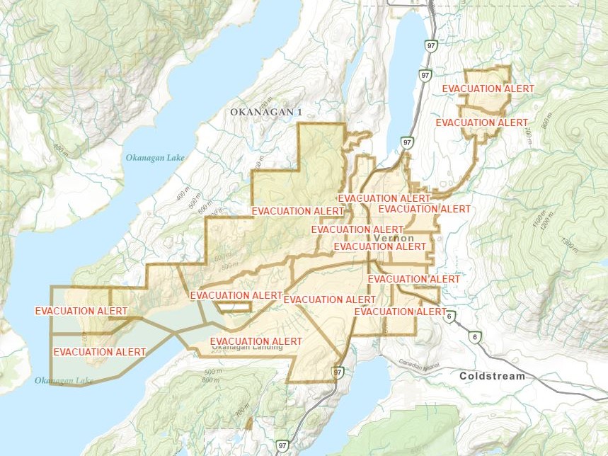 The City of Vernon expanded its evacuation alert on Friday night, just before 11 p.m., to include most of the city.