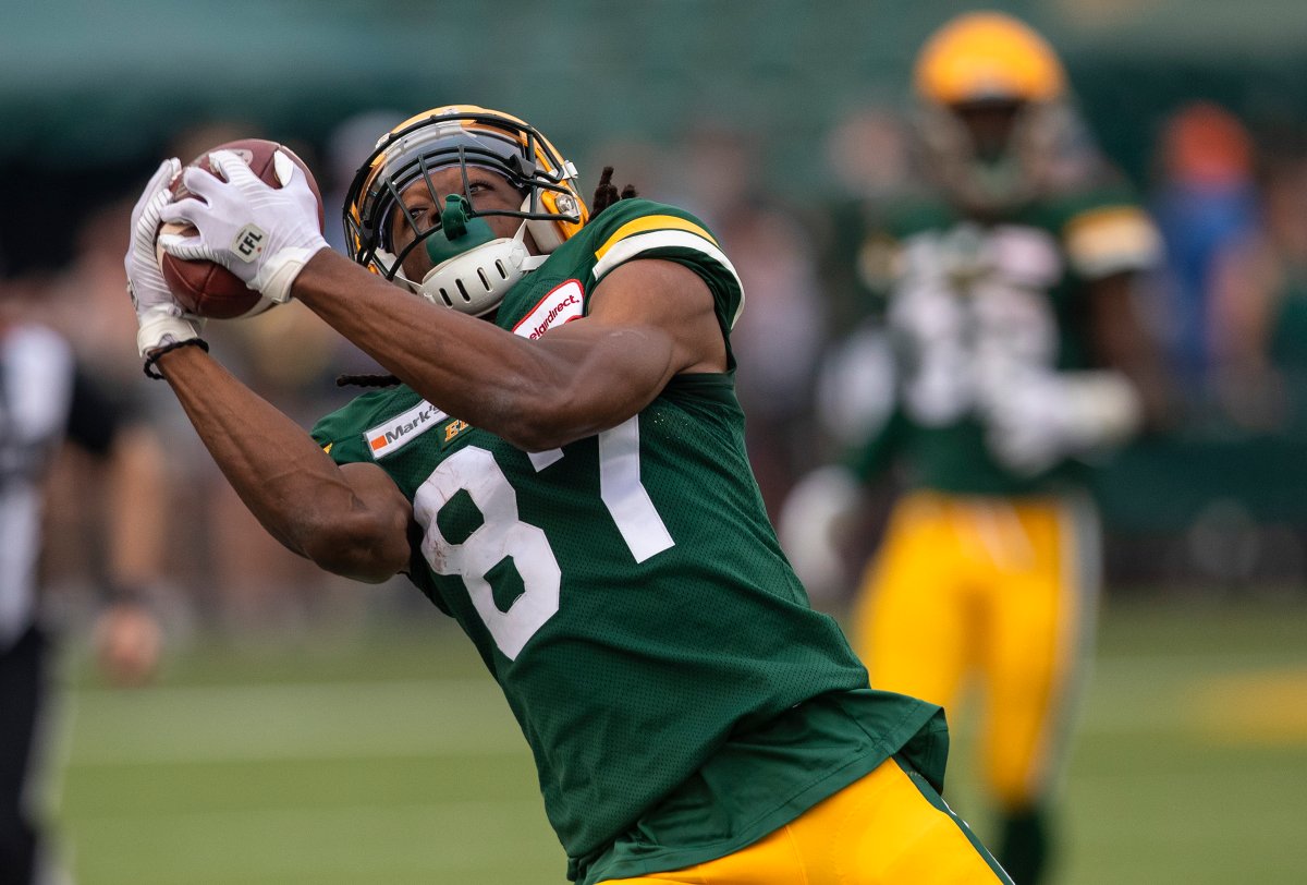 Edmonton Elks' Derel Walker (87) makes the catch again the Montreal Alouettes during second half CFL action in Edmonton, Alta., on Saturday, Aug. 14, 2021.