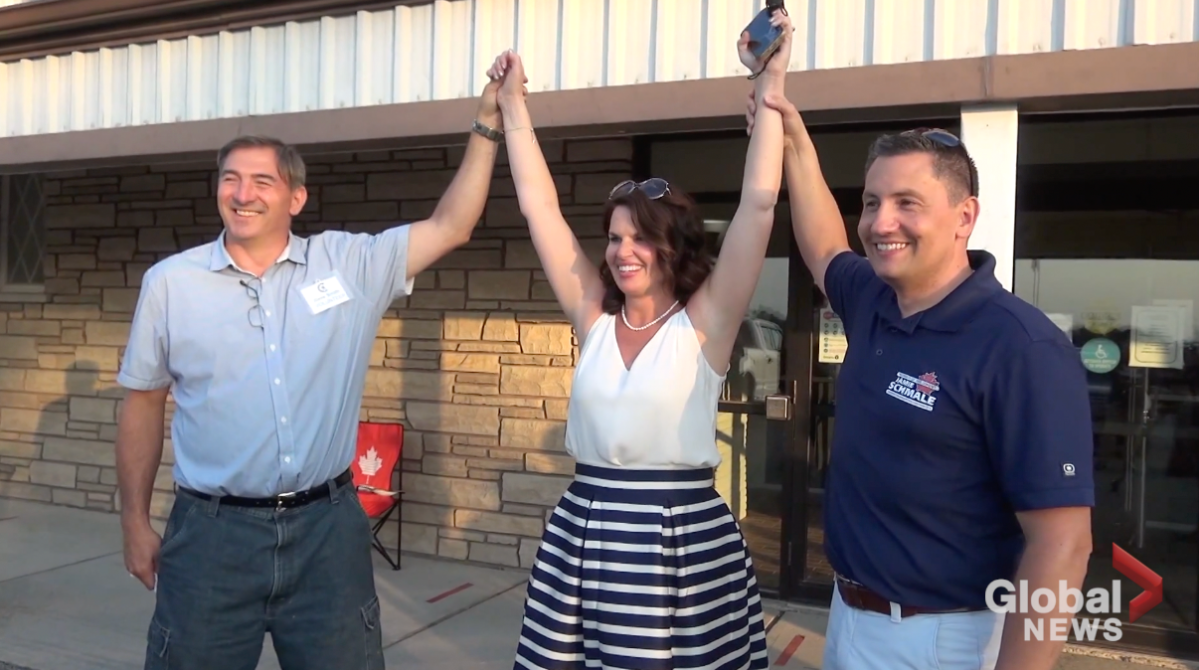 Michelle Ferreri is the Conservatives\’ federal candidate for Peterborough-Kawartha. She was congratulated by Peterborough-Kawartha MPP Dave Smith, left, and Haliburton-Kawartha Lakes-Brock federal MP Jamie Schmale.