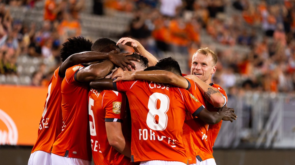 Forge FC celebrate one of four goals the squad scored in shutout win over Atlético Ottawa on Aug. 25, 2021. 