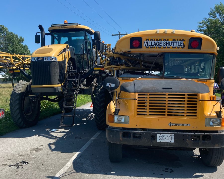 Frontenac Paramedics say four people were transported to hospital after a collision between a crop sprayer and the Dawson Point-Marysville shuttle bus.