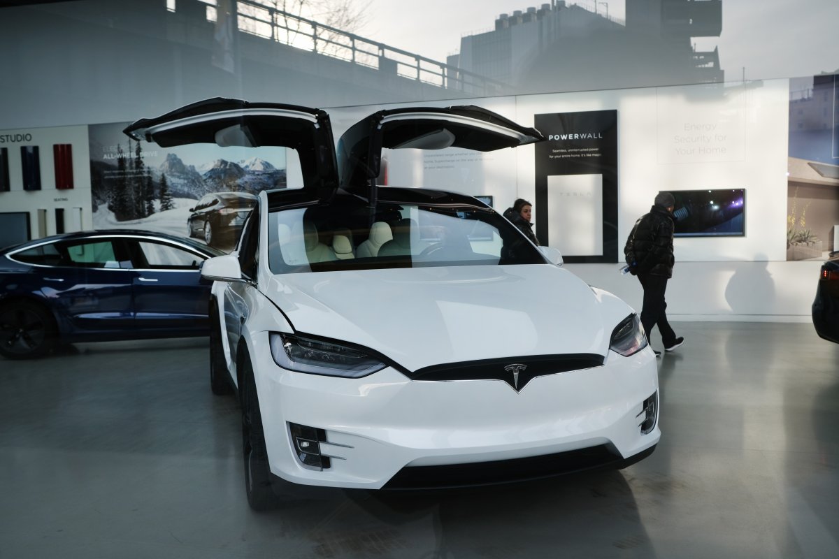 A Tesla vehicle is displayed in a Manhattan dealership on Jan. 30, 2020 in New York City.
