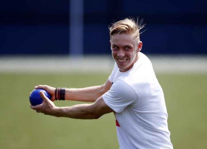 Denis Shapovalov of Canada warms up on Day 1 of the National Bank Open at Aviva Centre on August 09, 2021 in Toronto, Canada.