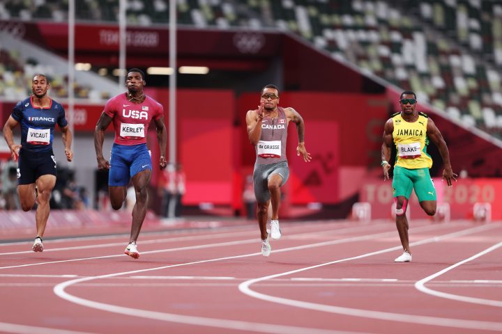 Jimmy Vicaut of Team France, Fred Kerley of Team United States, Andre De Grasse of Team Canada and Yohan Blake of Team Jamaica compete in the Men’s 100m Semi-Final on day nine of the Tokyo 2020 Olympic Games at Olympic Stadium on August 01, 2021 in Tokyo, Japan.