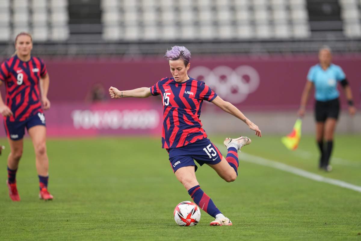 Megan Rapinoe #15 of the United States during a game between Australia and USWNT at Kashima Soccer Stadium on August 5, 2021 in Kashima, Japan. 