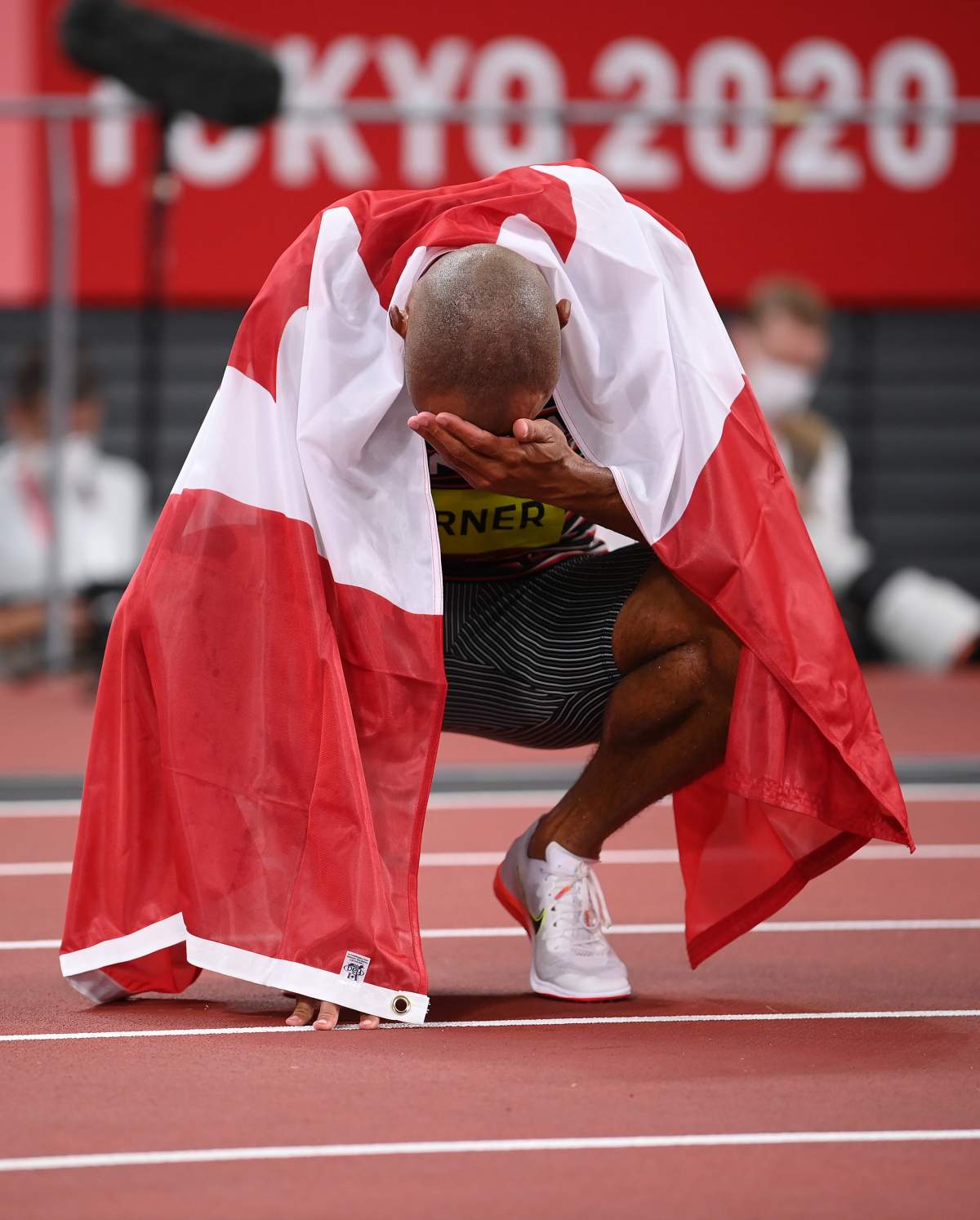 Damian Warner of Canada celebrates after winning the gold medal in the Men’s Decathlon on day thirteen of the Tokyo 2020 Olympic Games at Olympic Stadium on August 05, 2021 in Tokyo, Japan.