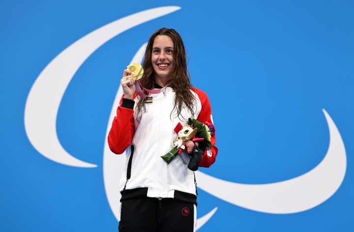 Gold medalist Aurelie Rivard of Canada poses during the medal ceremony for the Women's 100m Freestyle - S10 Final on day 4 of the Tokyo 2020 Paralympic Games at Tokyo Aquatics Centre on August 28, 2021 in Tokyo, Japan. 