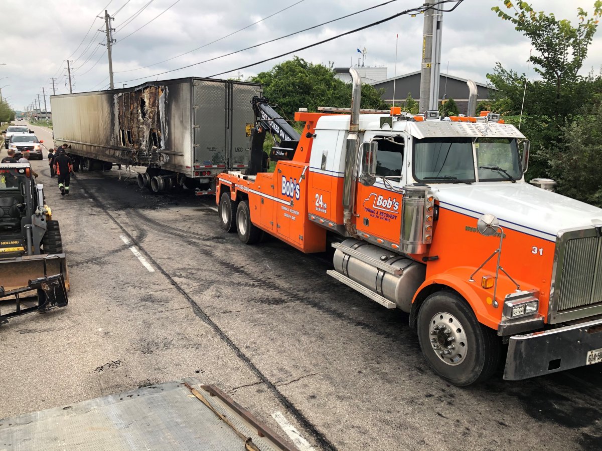 Emergency crews were called to Clair Road near Poppy Drive at around 7:30 a.m. on Tuesday for reports of a transport truck on fire.  .