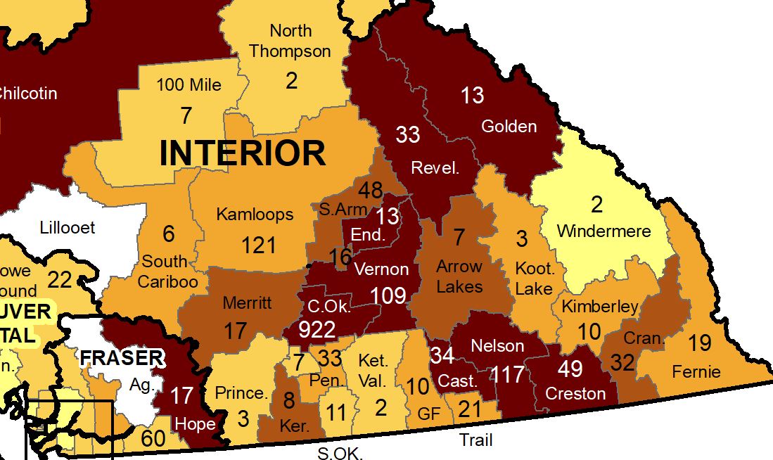 A graphic showing the amount of COVID-19 cases per local health authority across B.C.’s Southern Interior.