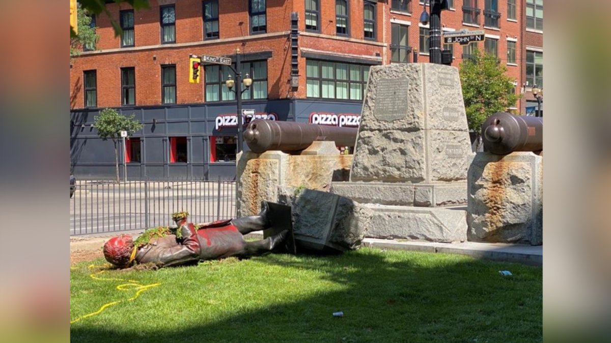 A picture of the John A. MacDonald Statue in Hamilton's Gore Park after being toppled on Aug. 14, 2021 by demonstrators.