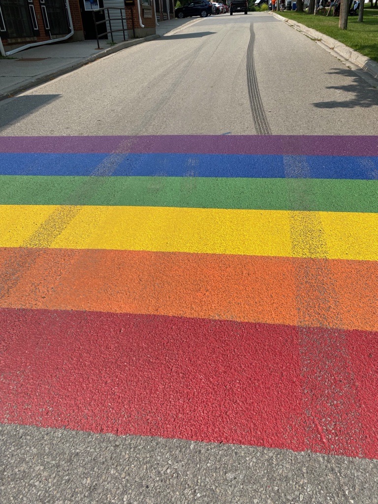 This pictures shows two sets of tire marks: the one that runs the length of the road was the first act of vandalism, and the one running over the flag was the second.