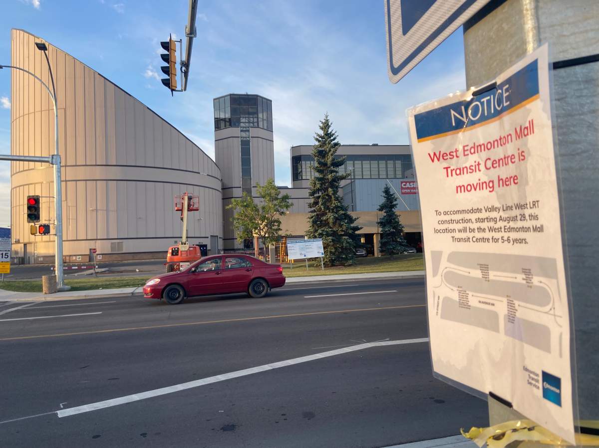 The West Edmonton Mall Transit Centre has relocated from 87 Avenue to 90 Avenue, beside the West Edmonton Mall Inn, due to Valley Line West LRT construction. Aug. 30, 2021.