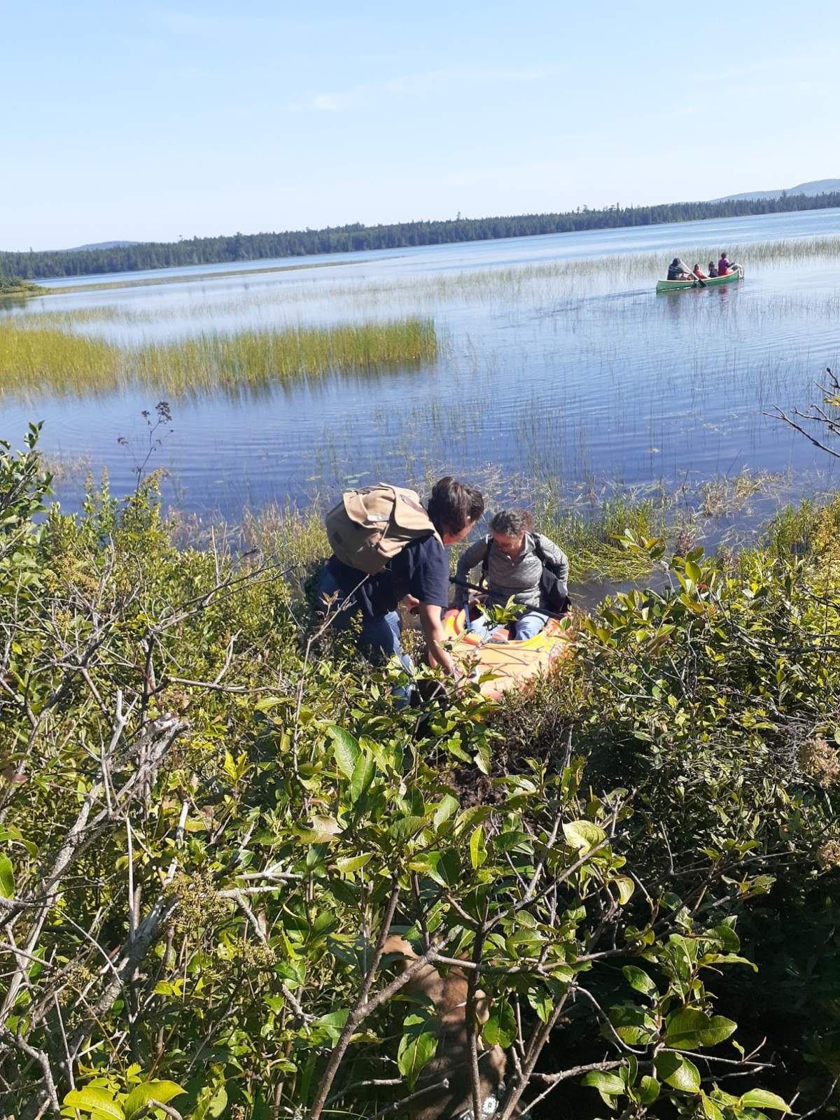 Wolastoqewi Mothers and Grandmothers canoeing on Miramichi Lake in an effort to prevent the spraying of a pesticide on the water to eradicate the invasive smallmouth bass.
