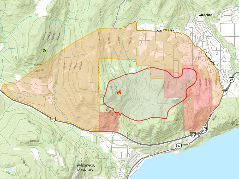 A map showing the perimeter of the Mount Law wildfire in the Central Okanagan, including areas under evacuation alert in yellow and evacuation order in red.