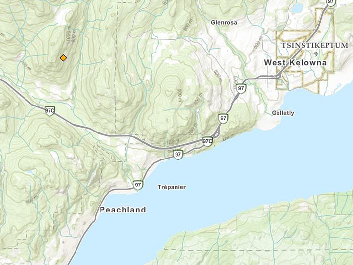 A map showing the location of the Mount Miller wildfire, located north of Peachland and west of West Kelowna.