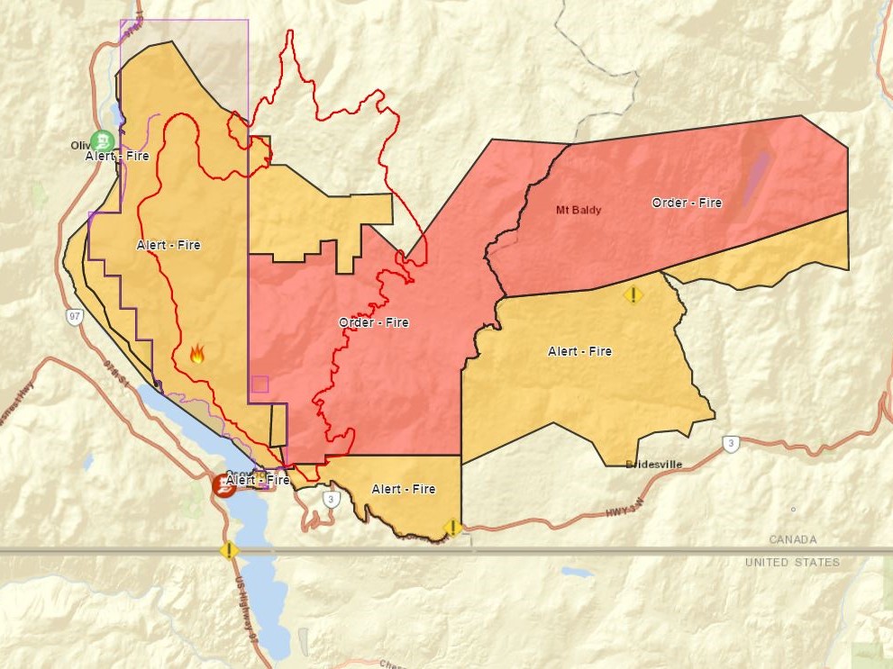 A map showing the existing evacuation orders and alerts because of the Nk’Mip Creek wildfire that’s burning near Osoyoos. On Friday, the Regional District of Okanagan-Similkameen (RDOS) rescinded one evacuation alert that was affecting just under 200 properties.