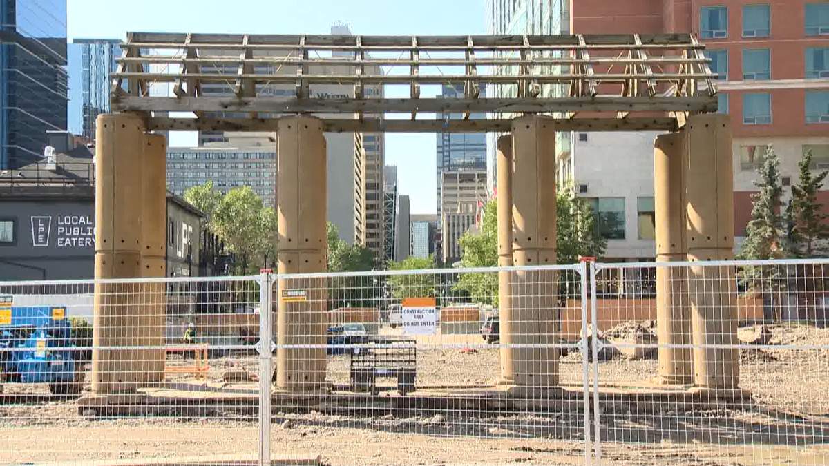 The Olympic arch in Eau Claire Plaza in downtown Calgary.