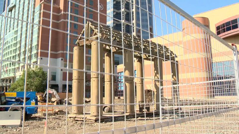 The Olympic arch in Eau Claire Plaza in downtown Calgary.
