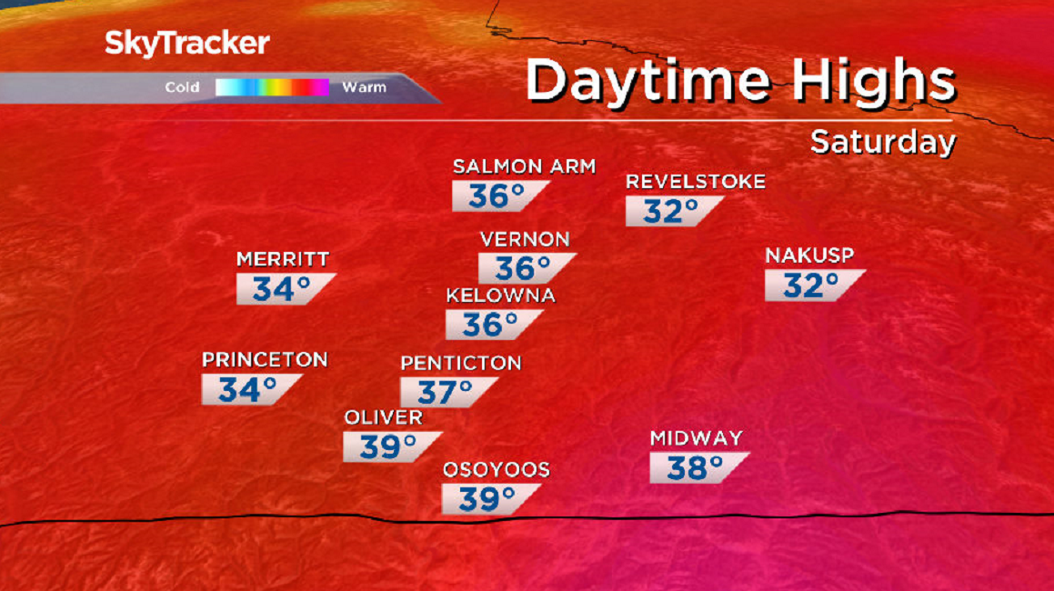 A graphic showing daytime highs for Saturday, Aug. 14, 2021.