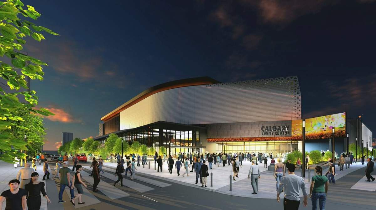 An artist's rendering of the plaza corner of the Calgary Event Centre.