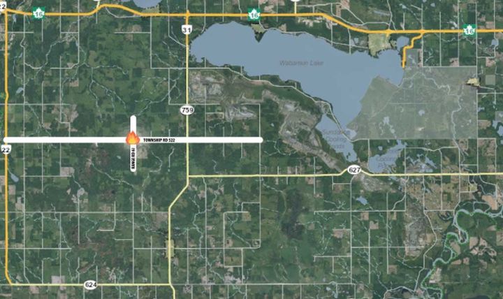 A map showing where a wildfire is burning in Parkland County on Aug. 13, 2021.