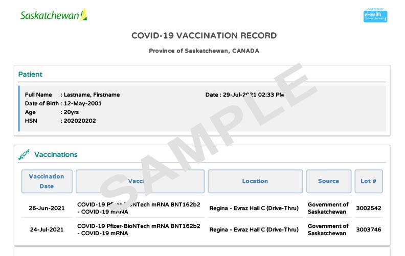 The printable record from eHealth Saskatchewan includes the date and location of the COVID-19 vaccination and the brand administered.