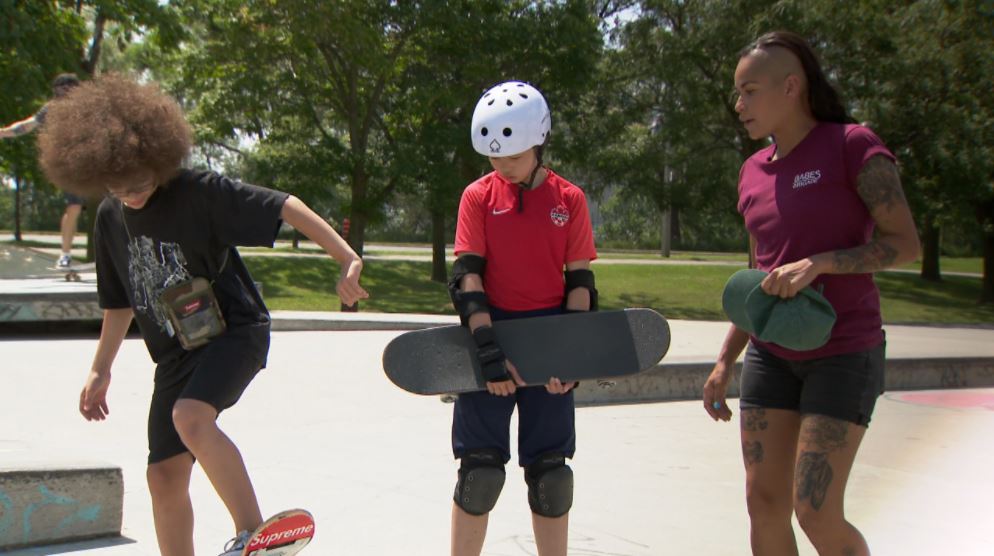 (From left to right): 10-year-old Simon Owoh and 11-year-old Audrey Wong participating in a skate lesson with teacher and owner of ‘Babes Brigade’, Stephanie Battieste (far right).