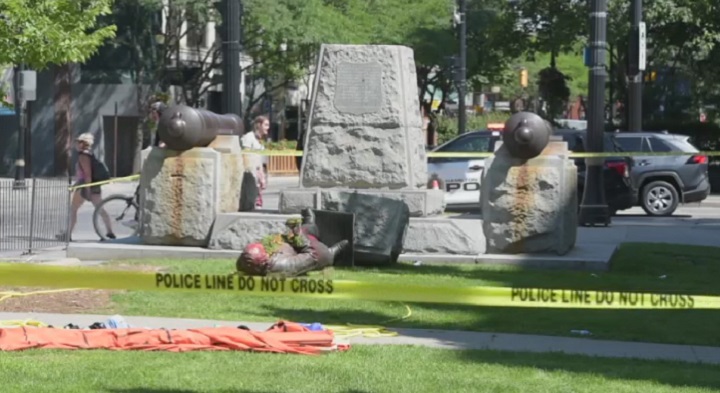 A picture of the John A. Macdonald statue in Hamilton's Gore Park after being toppled on Aug. 14, 2021 by demonstrators.
