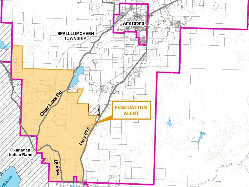 The Township of Spallumcheen says the alert includes the western section of town between Rogers Mill and O'Keefe Ranch. 