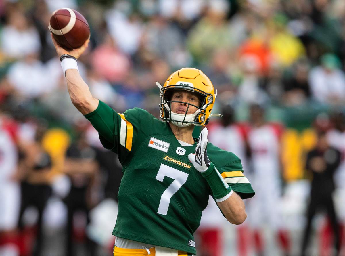 Edmonton Elks quarterback Trevor Harris (7) makes the throw against the Ottawa Redblacks during first half CFL action in Edmonton, Alta., on Saturday August 7, 2021. 
