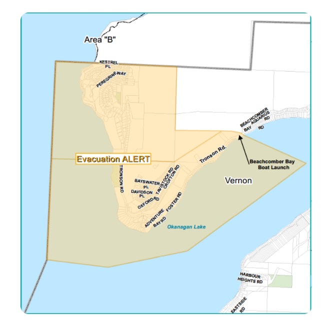 A map of the evacuation alert area for Vernon on Sunday, August 8, 2021.