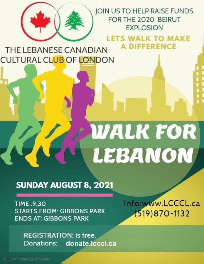 A poster shared online for Sunday’s “Walk for Lebanon” at Gibbons Park.