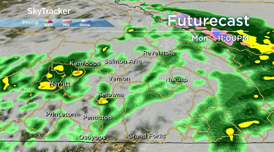 Pockets of rain with the risk of isolated thunderstorms slide through the Okanagan Monday night.


