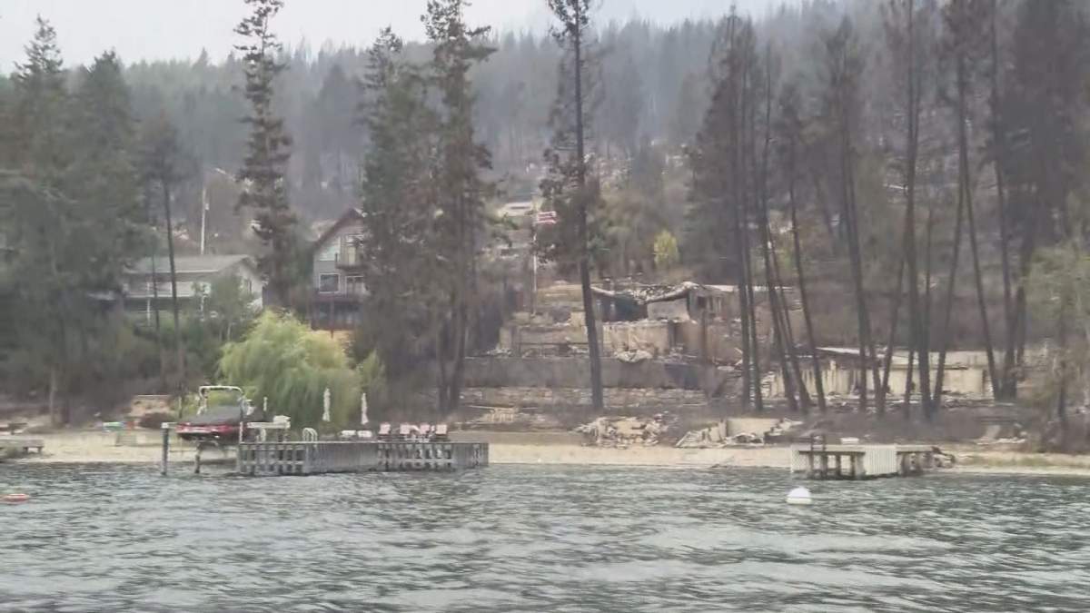 Damage from the White Rock Lake fire on the west side of Okanagan Lake could be seen by boat on Tuesday, August 17.