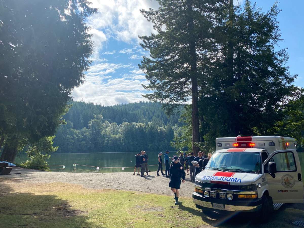 Paramedics and rescue crews seen at Alice Lake on Sunday. The location was closed on Sunday, according to RCMP. 