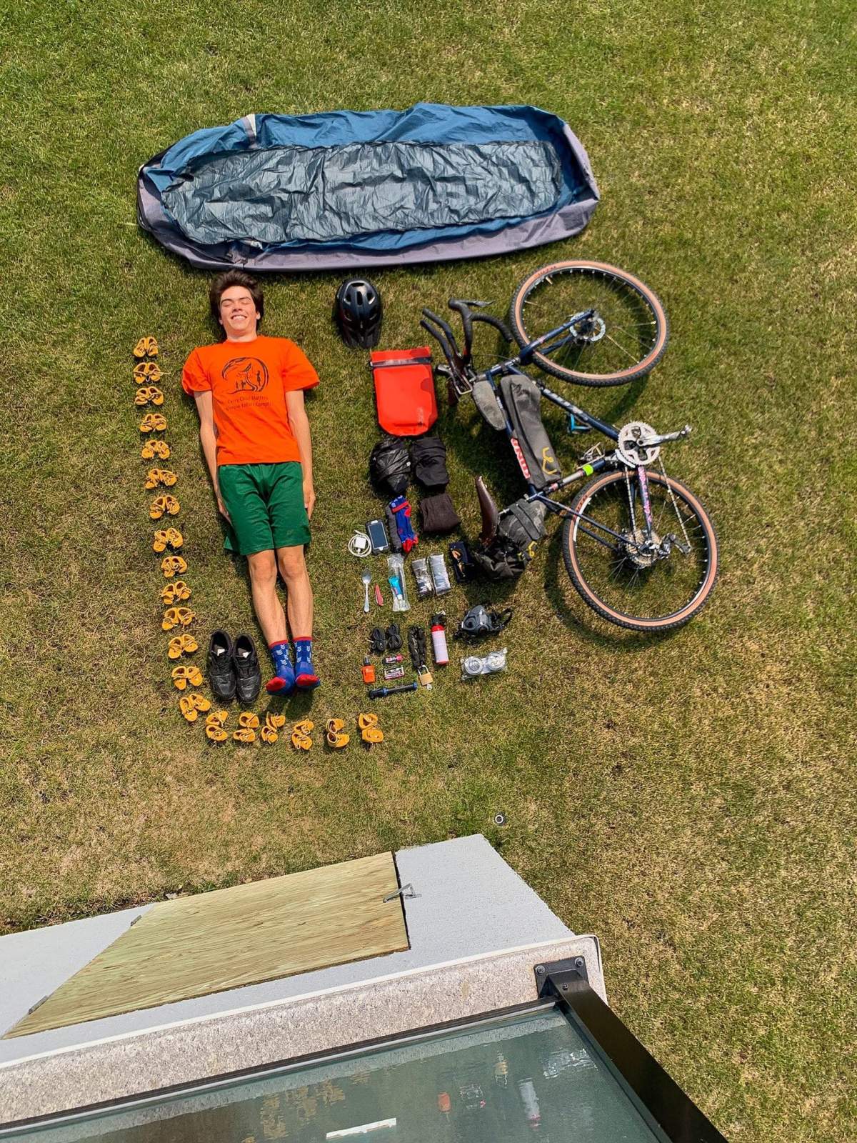 B’yauling Toni with all of his supplies for his Moccasins for Remembrance cycling tour.