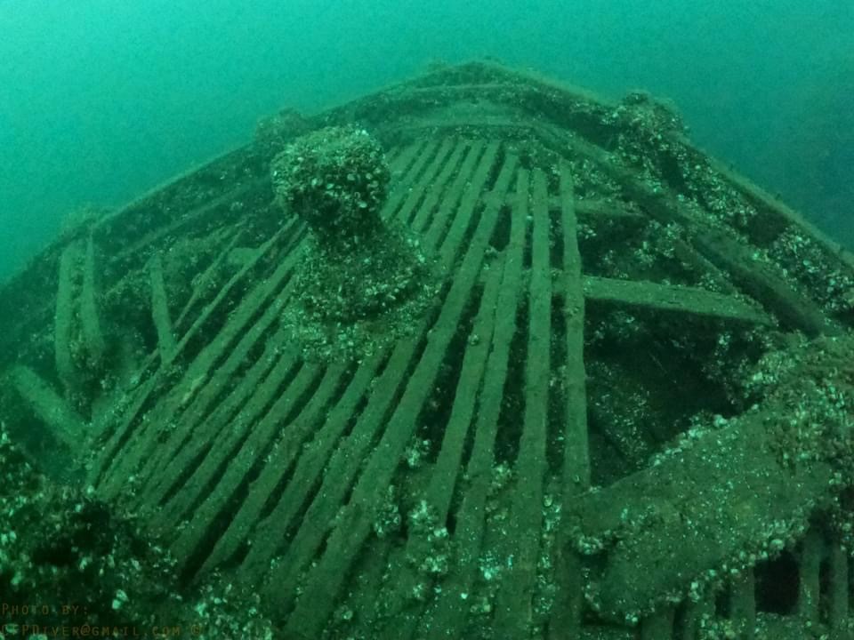underwater shipwreck front deck