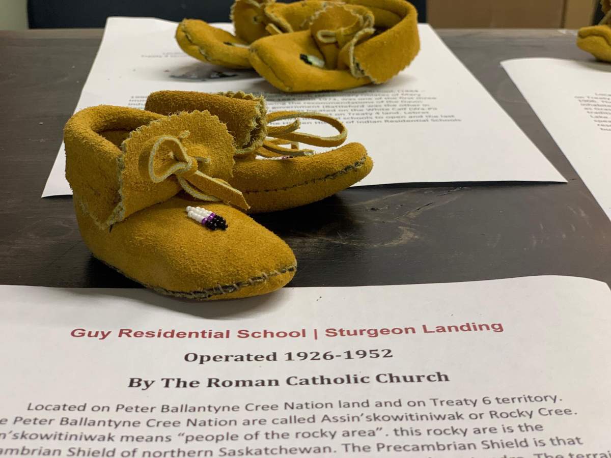 A pair of moccasins made by youth at Chokecherry Studios in Saskatoon.