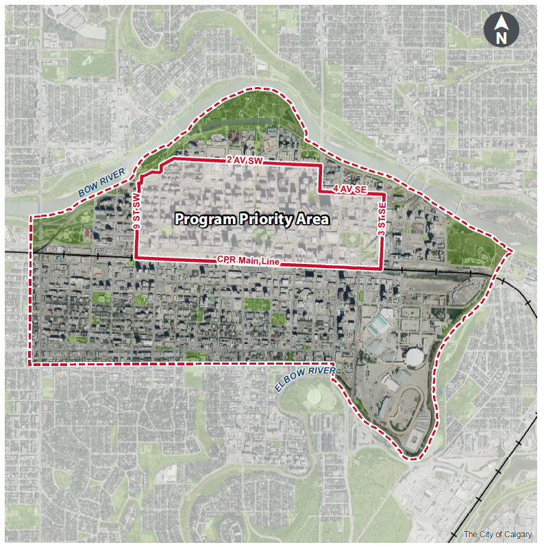 A map of the area eligible for the Downtown Calgary Development Incentive Program.