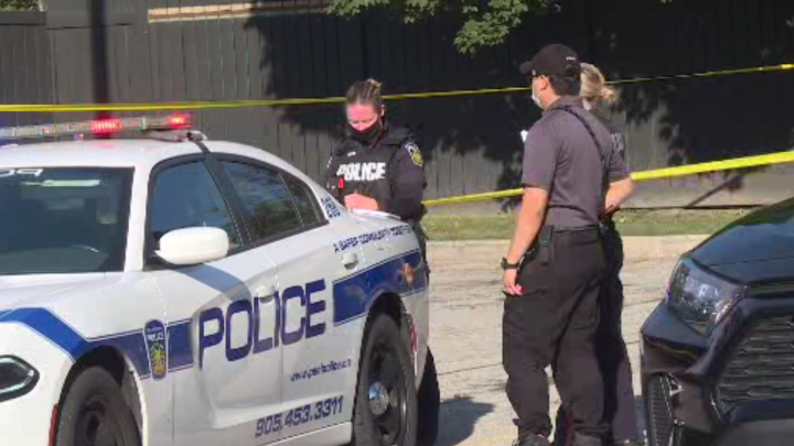 Police at the scene of a carjacking in Mississauga on Monday.