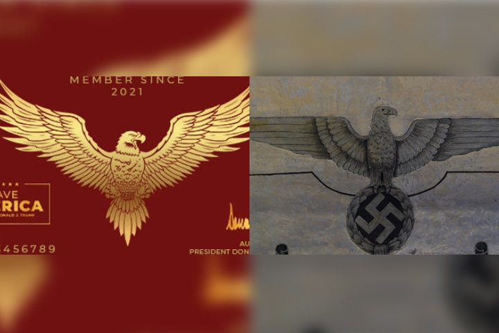 A proposed 'Trump card' design, left, is shown alongside a German eagle and swastika at Fort Breendonk in Belgium.