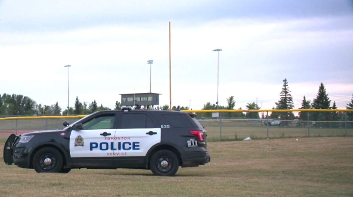 Edmonton Police on scene of a suspicious death investigation near the Mill Woods Sports Park on August 28, 2021.
