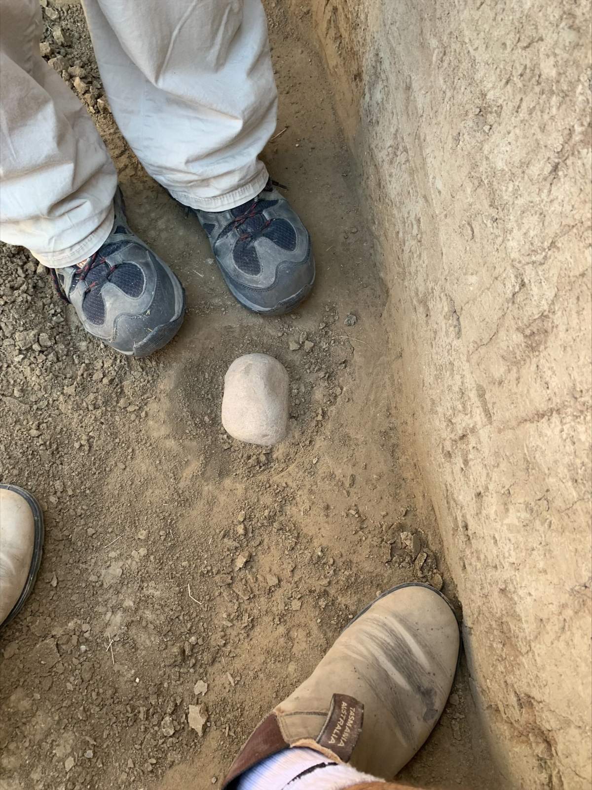 A hammerstone found by two students at Head-Smashed-In Buffalo Jump.