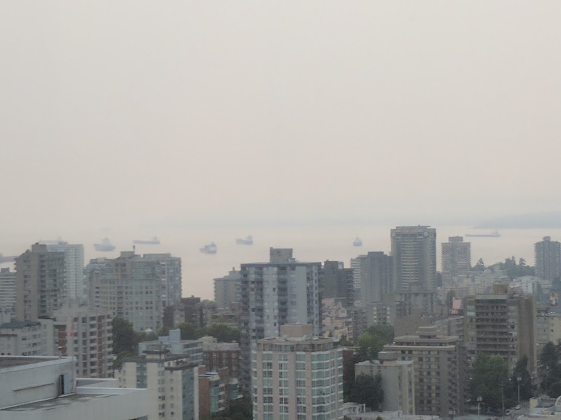 Smoke is seen clouding Vancouver's English Bay during the 2017 wildfire season. 