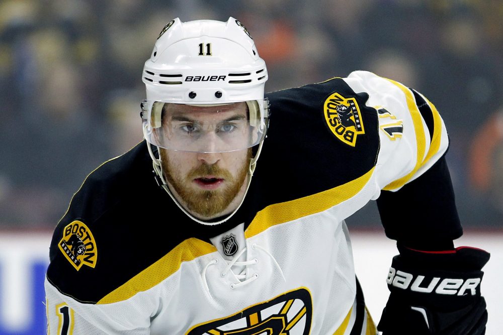 In this Jan. 13, 2016, file photo, Boston Bruins' Jimmy Hayes looks on during an NHL hockey game against the Philadelphia Flyers in Philadelphia. 
