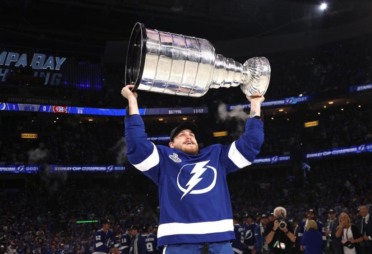 Mitchell Stephens of Peterborough celebrates winning his second Stanley Cup with the Tampa Bay Lightning in July 2021. 