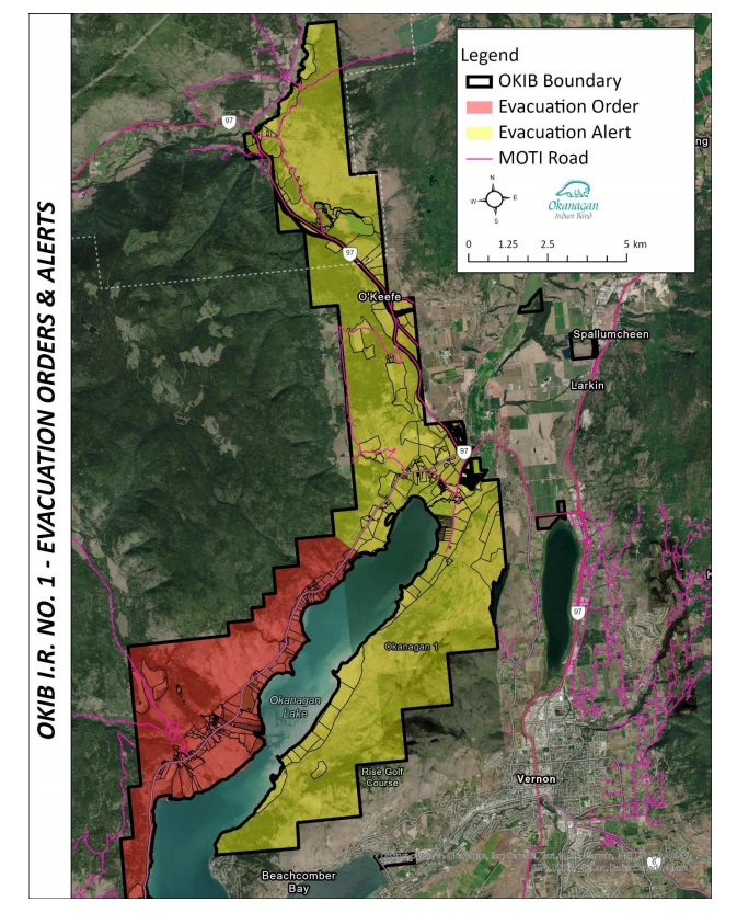 The Okanagan Indian Band partially downgraded its evacuation order to an alert on Sunday afternoon.